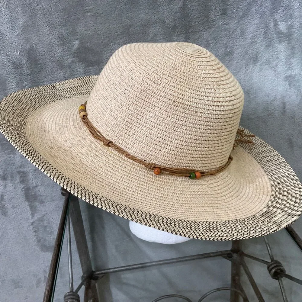 Wide Brim Paper Braid,  beaded paper straw Sun Hat OSFM floppy beach Sun + Her